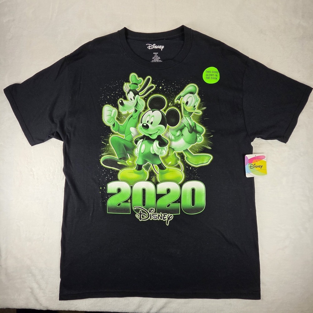 Disney 2020  "Glow In Dark" Shirt Black Men Large Mickey Goofy Donald Duck NWT